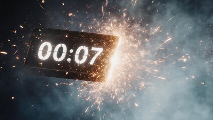 Exploding digital timer showing seven seconds remaining in dramatic scene.