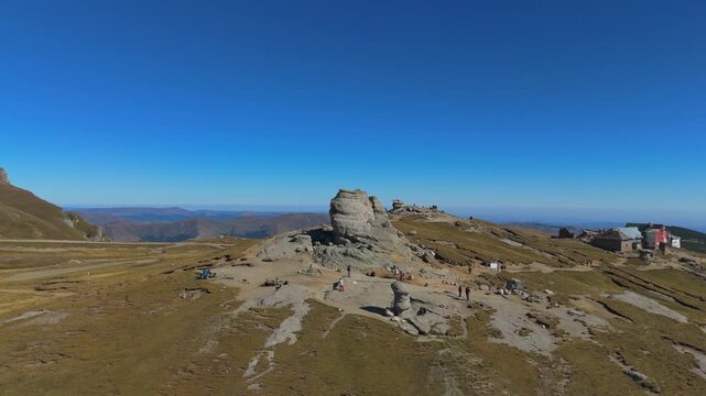 Cinematic Aerial Flyover Approaching and Soaring Above The Sphinx Rock Formation Bucegi 4K