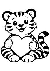 Cute tiger holding heart vector line art, black and white illustration for engrave, laser engrave and Valentine decor