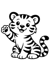 Cute tiger waving paw vector line art, black and white illustration for engrave, laser engrave and friendly decor