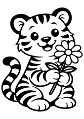 Cute tiger holding flower vector line art, black and white illustration for engrave, laser engrave and romantic decor