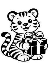 Cute tiger holding gift box vector line art, black and white illustration for engrave, laser engrave and celebration decor
