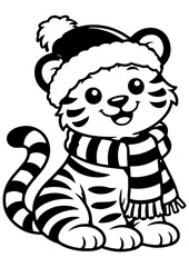 Cute tiger in winter hat and scarf vector line art, black and white illustration for engrave, laser engrave and winter decor