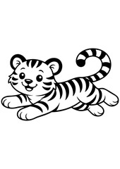 Cute running tiger vector line art, black and white illustration for engrave, laser engrave and kids decor