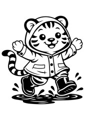 Cute tiger in raincoat and boots jumping in puddles vector line art, black and white illustration for engrave, laser engrave and kids decor