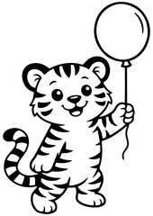 Cute tiger holding balloon vector line art, black and white illustration for engrave, laser engrave and party decor