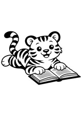 Cute tiger reading a book vector line art, black and white illustration for engrave, laser engrave and kids decor