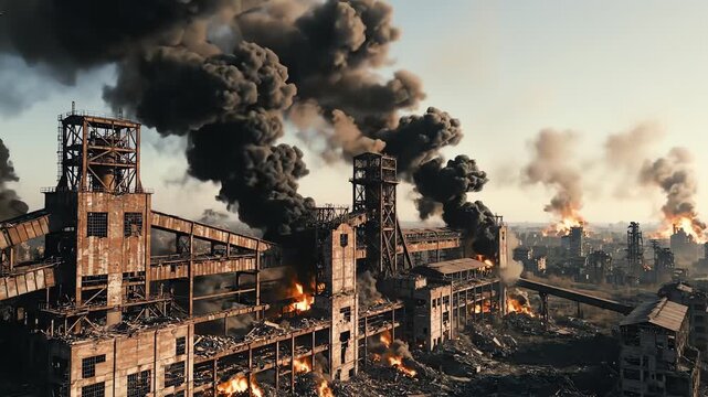 Aerial View of Industrial Ruins Ablaze Amidst Smoky Sky Destruction and Urban Decimation on Sunny Day Showing Fire