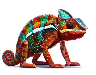 A colorful chameleon, showcasing vivid hues across its skin, curled tail, and intricate features, stands on a white backdrop