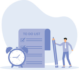 To do list and task management or completion tracking or reminder to finish assignment, work planning or schedule concept,businessman with pencil and to do list clipboard with alarm clock.

