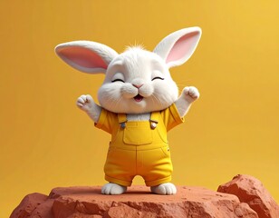 3D Rendered Happy Bunny in Yellow Overalls Character Illustration