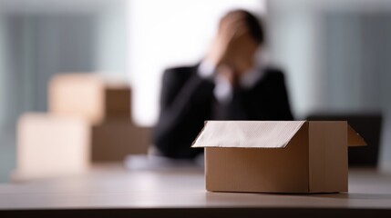Layoff crisis concept, stressed businessman packing desk due to job loss after pandemic