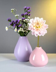 Elegant Still Life Pastel Flower Arrangement in Ceramic Vases Decoration