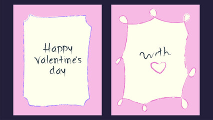 Сute Valentine&rsquo;s Day greeting cards set with doodle childish frame. Hand drawn crayon poster. Cartoon isolated vector illustration