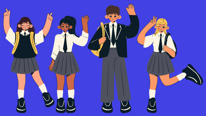 Cheerful school students going to school. Back to school concept. Doodle style school boy and girl. Flat vector illustration.