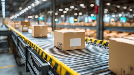 Cardboard boxes on a roller conveyor belt in a large distribution warehouse, logistics and shipping concept
