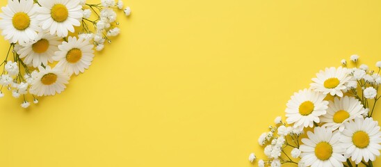 Bright Flat Lay Daisy and Gypsophila Floral Arrangement on Yellow Background