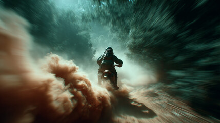 Enduro motorcyclist racing through forest trail, raising dust cloud, dramatic motion blur emphasizing speed and action
