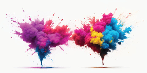 Diagonal Stream of Vibrant Multicolor Powder and Smoke Splashes Isolated on White