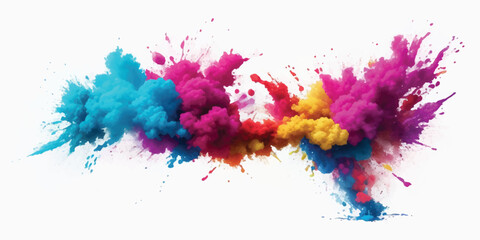 Diagonal Stream of Vibrant Multicolor Powder and Smoke Splashes Isolated on White