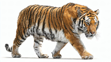 Obraz premium Tiger Striding Forward White Surface Isolated