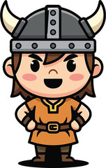 Obraz premium Chibi Viking Warrior with Horned Helmet and Brown Tunic.