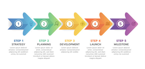 Infographic template for business. 5 Steps Modern Timeline diagram with arrow and topic, presentation vector infographic timeline.