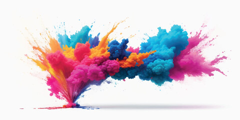 Abstract Pink and Blue Powder Clouds Clashing in an Energetic Explosion on White