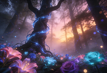 A forest scene with a tree covered in vines and colorful flowers. The flowers are in various colors, including pink, blue, and purple. The scene has a dreamy, whimsical feel to it