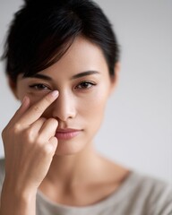 Sleep deprivation concept, worried Asian woman pointing at dark circles under eyes
