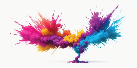 Horizontal Rainbow Powder Trail and Abstract Smoke Cloud Splash on White Background