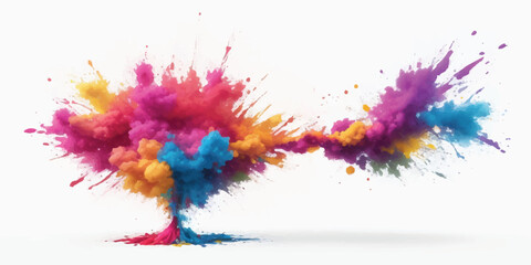 Horizontal Rainbow Powder Trail and Abstract Smoke Cloud Splash on White Background