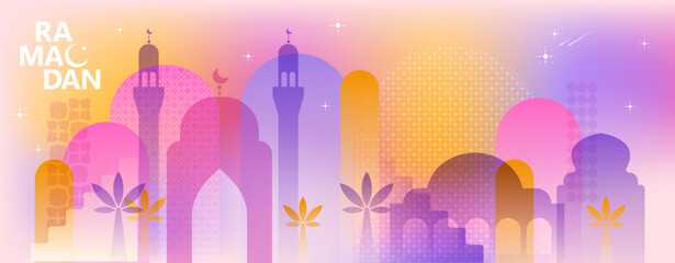 Ramadan Kareem colorful card, background, composition. Islam design elements. Mosque, moon, stars, palms, lanterns. Eastern arabic cityscape. Modern and traditional architecture. 