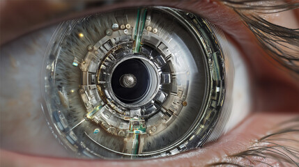 Ultra Detailed Macro Close-Up of Futuristic Robotic Eye Implant with Cybernetic Iris, Artificial Intelligence Vision and Advanced Human Augmentation Technology