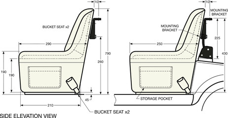 Flat vector illustration, bucket seat side elevation view, technical drawing with dimensions, mounting bracket design, engineering template, product sketch