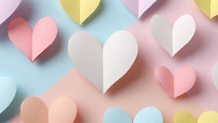 Pastel paper heart pattern background on geometric pink and blue surface. Abstract soft colors for Valentine's Day, love, or wedding themes