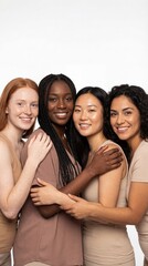 Multiethnic group of happy young women embracing, celebrating diversity and female unity. Diverse skin tones and natural beauty captured on white studio background.