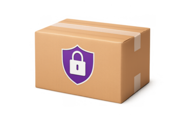 Cardboard box showing shield and padlock icon symbolizing secure parcel delivery, logistics, and data protection, transparent background