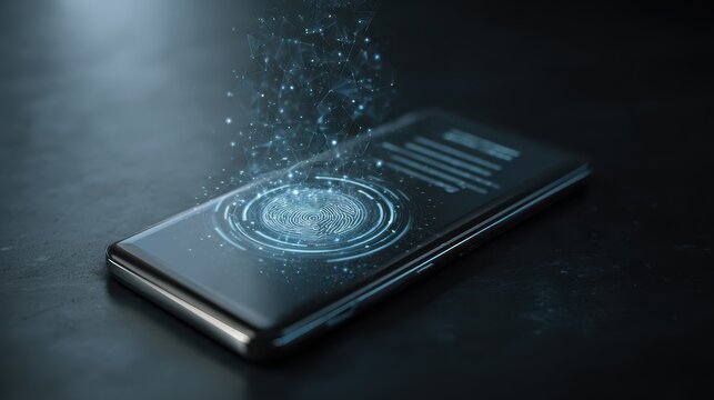 Futuristic smartphone with biometric fingerprint scanner interface and holographic data visualization on dark background - Powered by Adobe