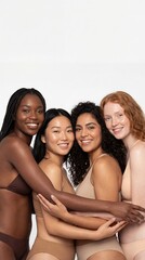 Body positive diversity: Four beautiful multi-ethnic women smiling and embracing closely in nude-toned underwear, celebrating natural beauty and unity.