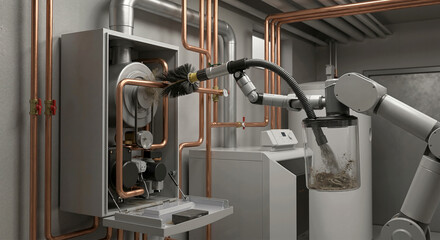 Robotic arm with a brush and vacuum cleaning the interior of a domestic gas boiler. Automated maintenance and smart technology for heating system repair and service 3D illustration