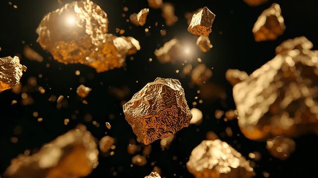 Floating gold nuggets and mineral rocks suspended in dark dramatic macro scene