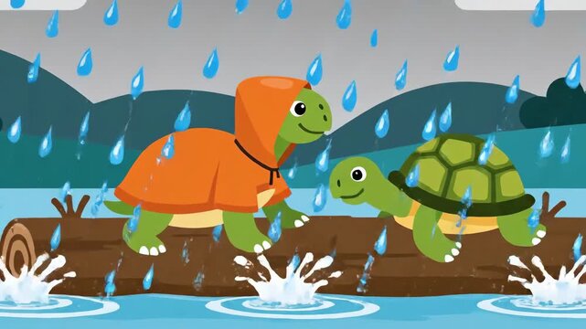 Two Turtles Floating On A Log In The Rain Cute Cartoon Style Animation Graphic