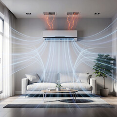 Modern living room interior with a split system air conditioner showing hot and cold airflow visualization. Climate control and HVAC energy efficiency technology