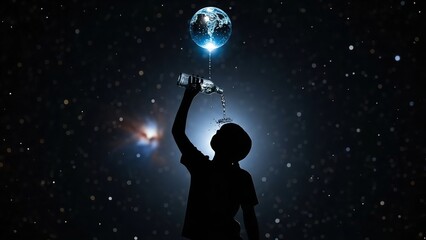 Silhouette pouring water from bottle on dark gray background