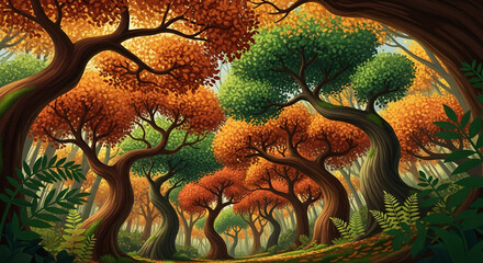 Autumnal forest scene, vibrant orange and green foliage, winding tree trunks create a magical pathway, ideal for fantasy or nature themes