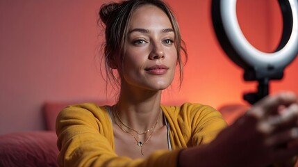 Jeune femme prenant un selfie avec &eacute;clairage color&eacute; en arri&egrave;re-plan