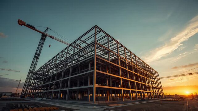 Steel frame building under construction with crane at sunset industrial development site