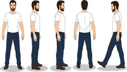 Character Design Sheet of a Young Man in Casual Outfit Featuring Multi-Angle Views for Animation and Game Development.