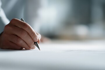 Architect working concept, close-up hand drawing and writing on blueprints in office